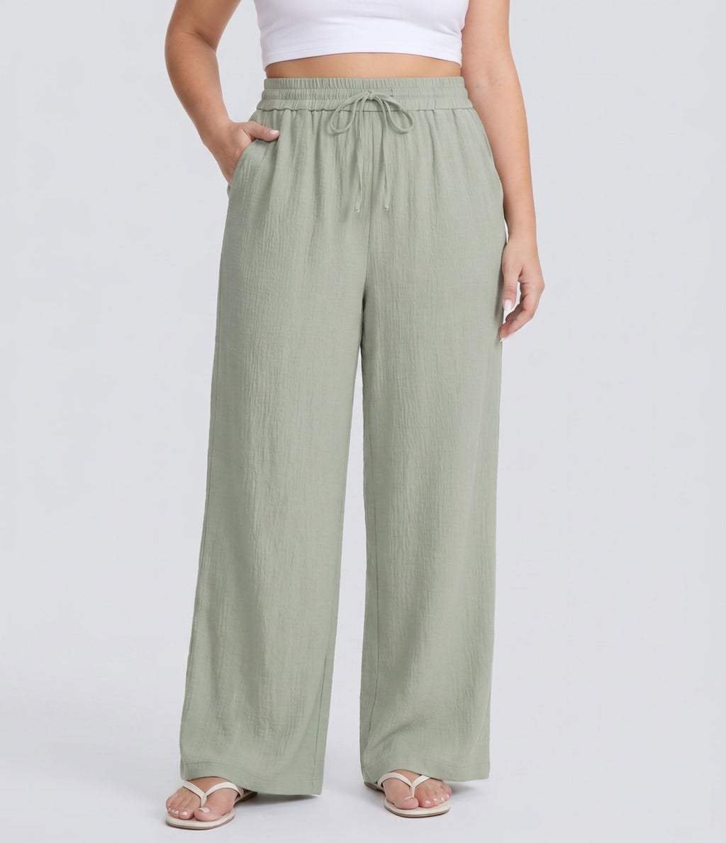 Pantalon décontracté grande taille large fluide taille haute effet lin avec cordon de serrage et poches
