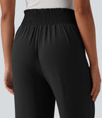 Pantalon droit décontracté aspect lin taille haute à nouer devant avec poches