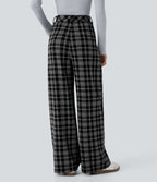 Pantalon taille haute décontracté large à carreaux, avec poches