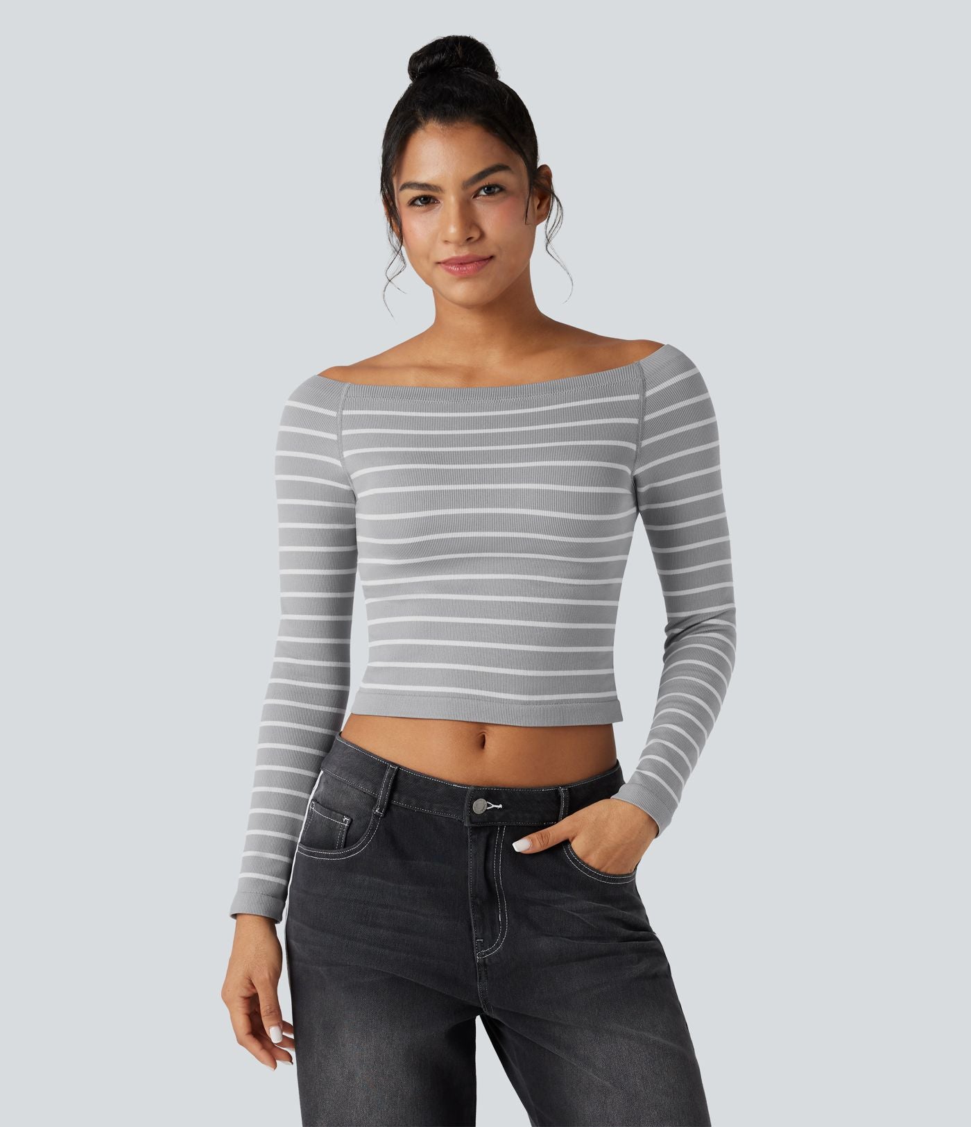 Haut de sport épaules dénudées manches raglan longues à rayures sans couture OneForm Seamless Flow