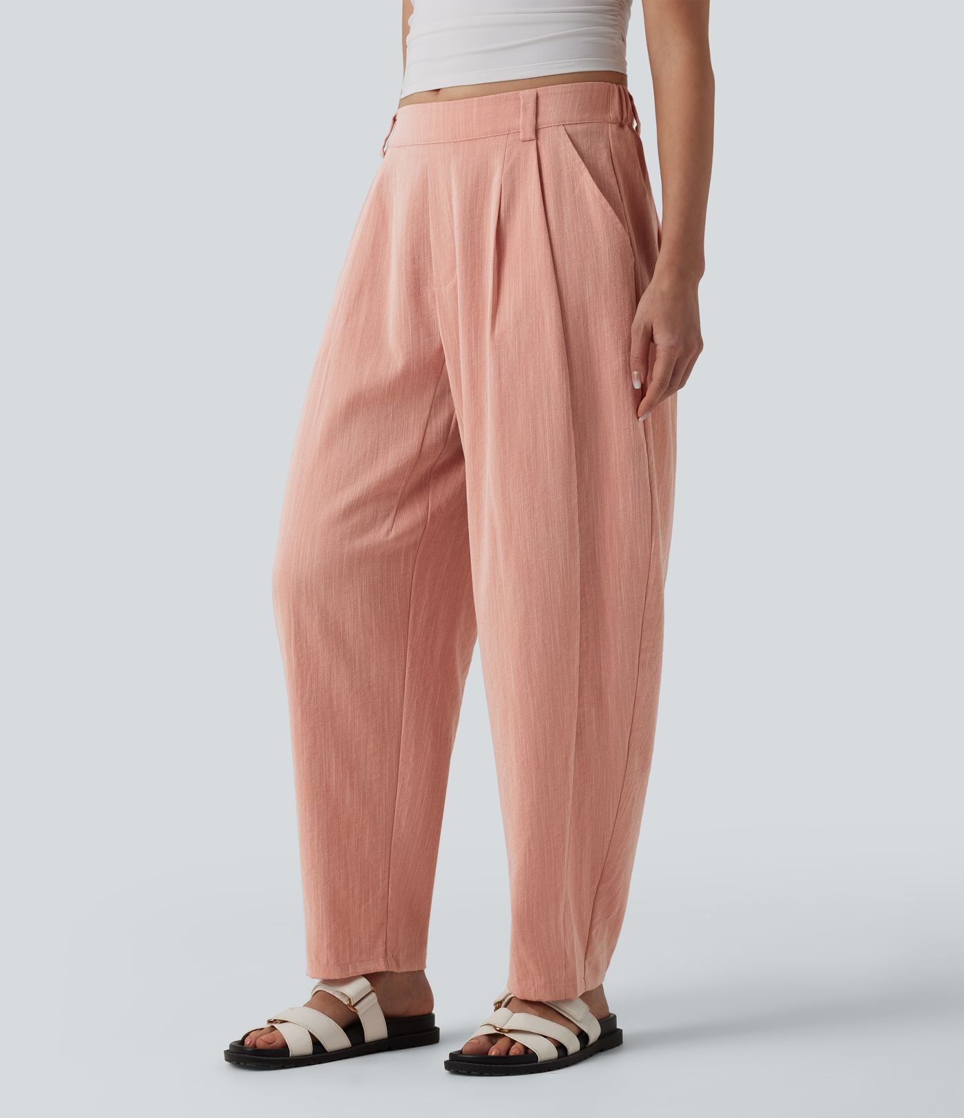 Pantalon décontracté coupe ballon taille mi-haute aspect lin avec poches