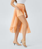 Jupe Casual Évasée Mesh Mi-Longue Fuide 2 en 1 Contrastée Taille Haute Cordon Poche Latérale