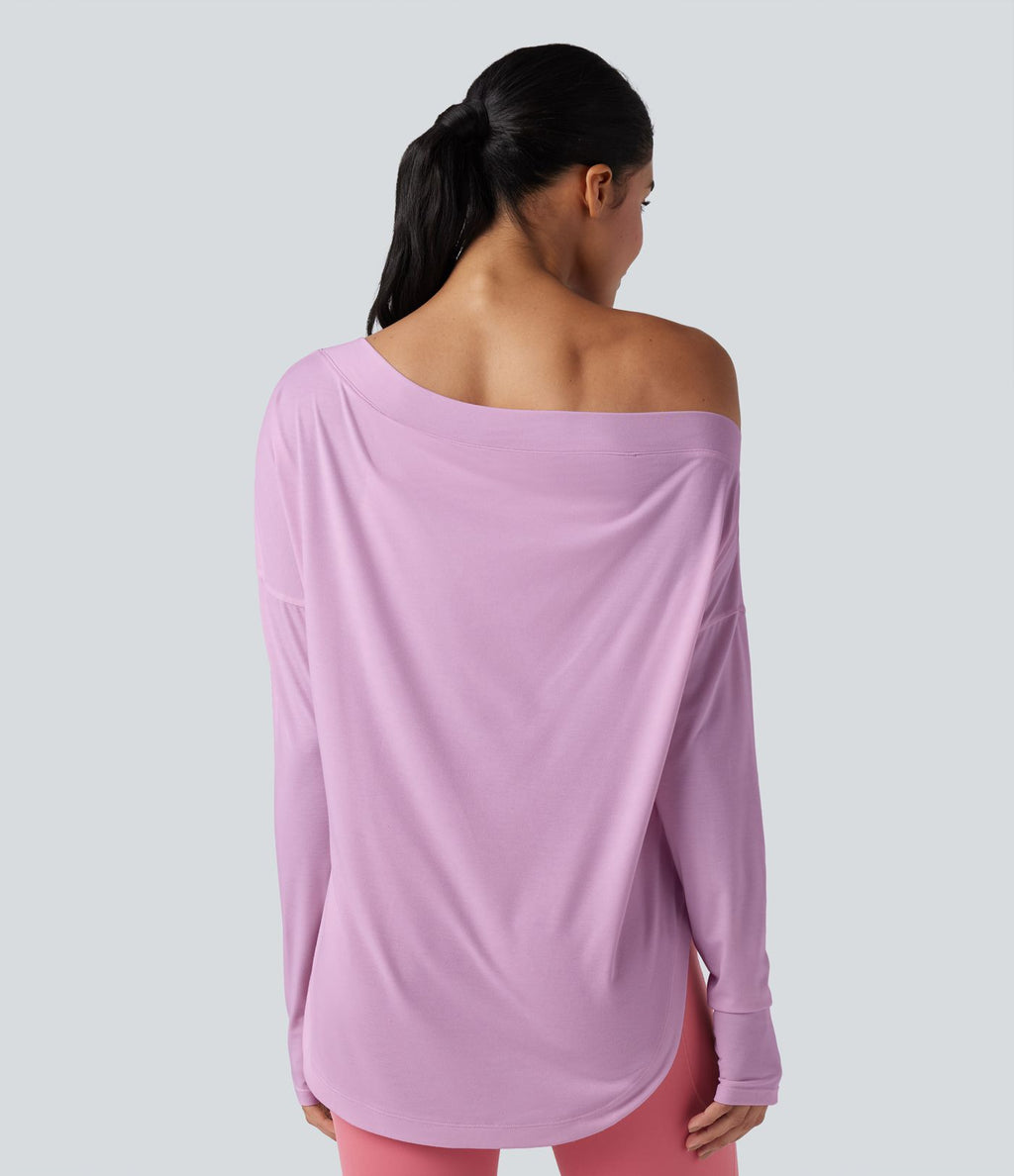 Top de sport yoga une épaule séchage rapide ourlet arrondi asymétrique manches longues avec trous pouces - Brassière intégrée