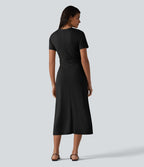 Robe midi décontractée à manches courtes et col en V en maille sculptante