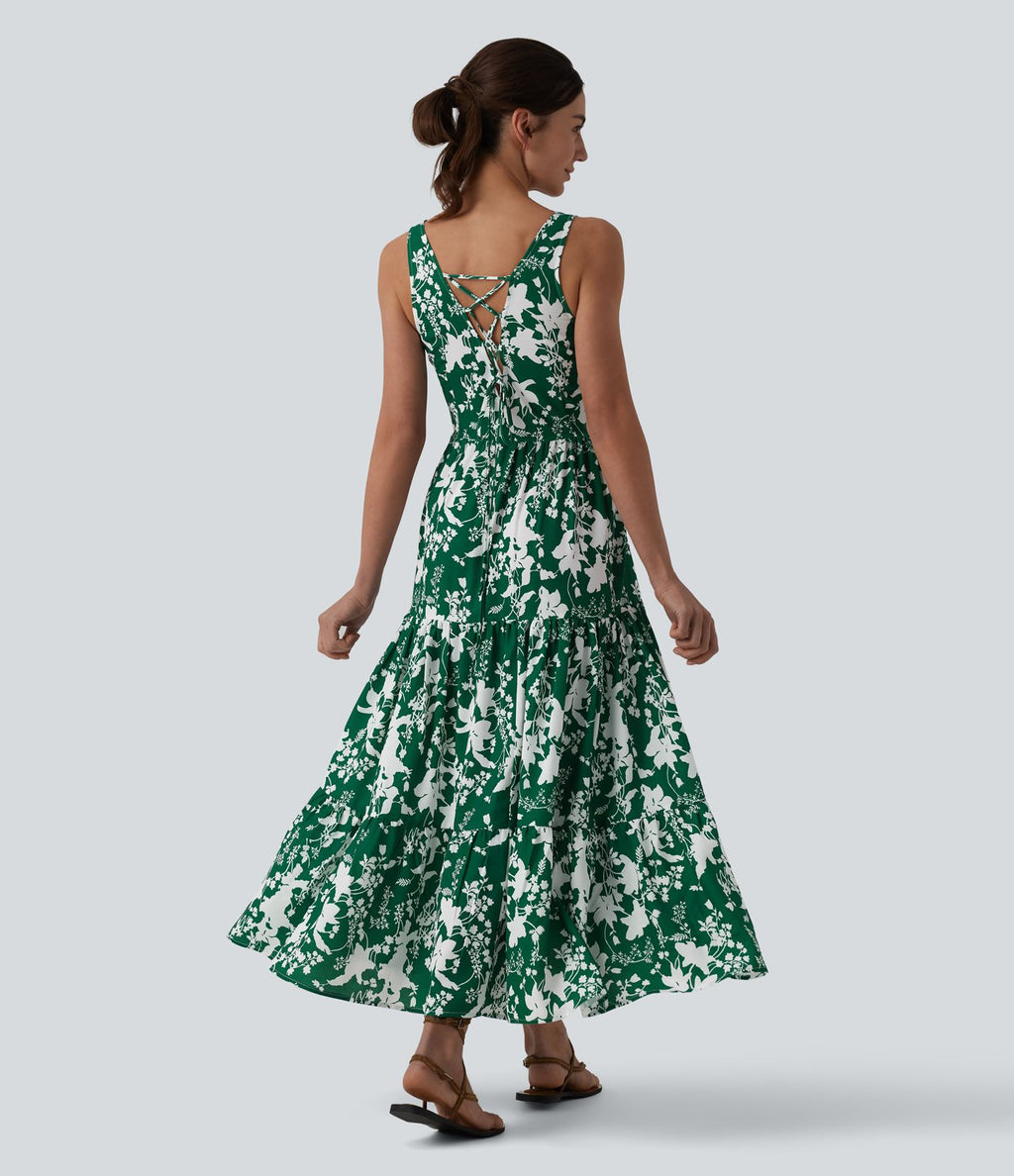 Robe longue resort décolleté cœur sans manches imprimé floral avec laçage