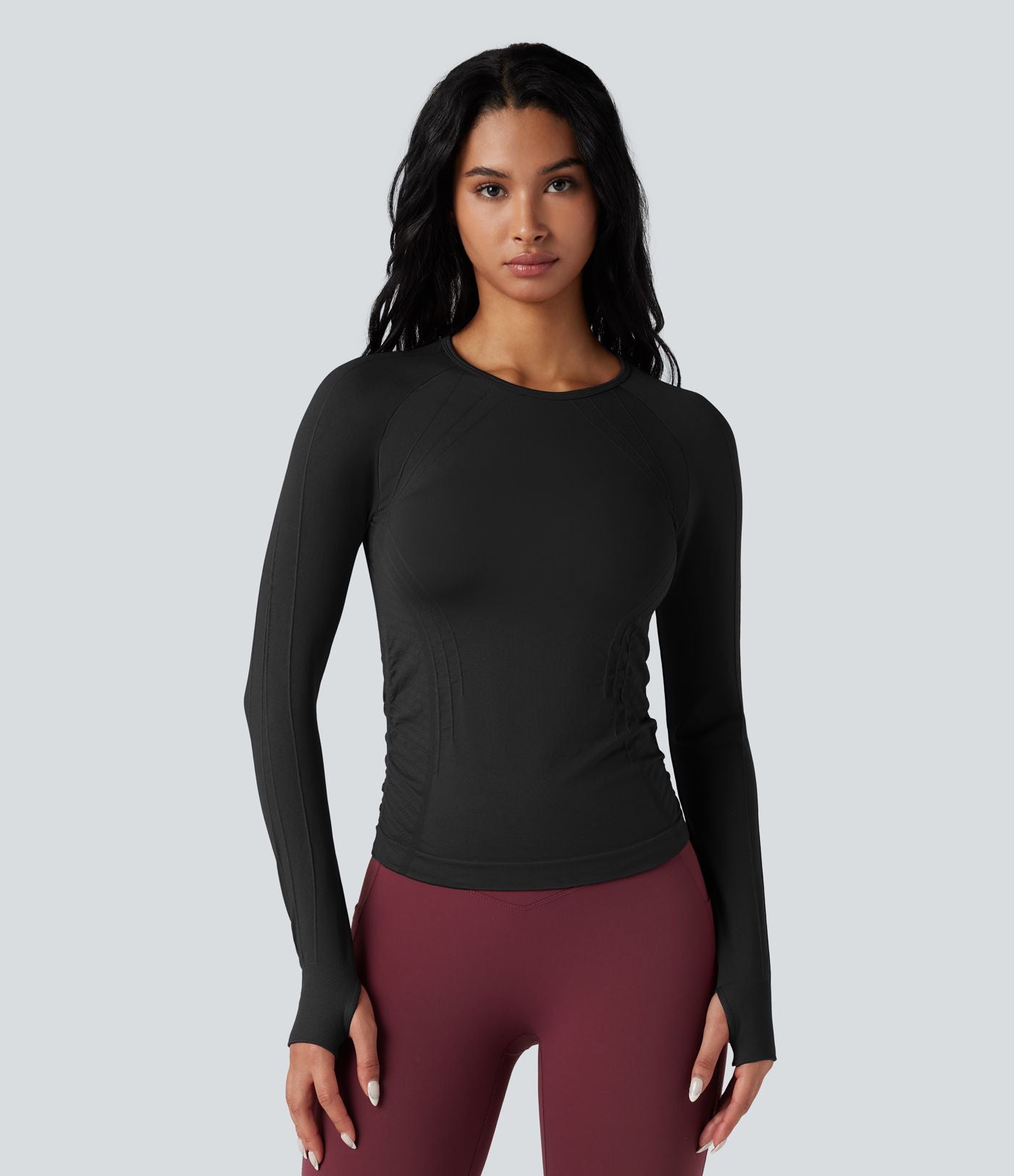 Haut de sport yoga col rond à manches longues avec passants pouces sans couture OneForm Seamless Flow