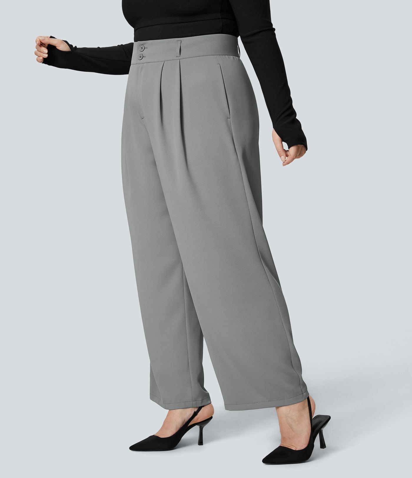 Pantalon Tailleur Droite Taille Haute Boutonnés Fermeture Éclair Plissé Poches Latérales Froncé Grande Taille
