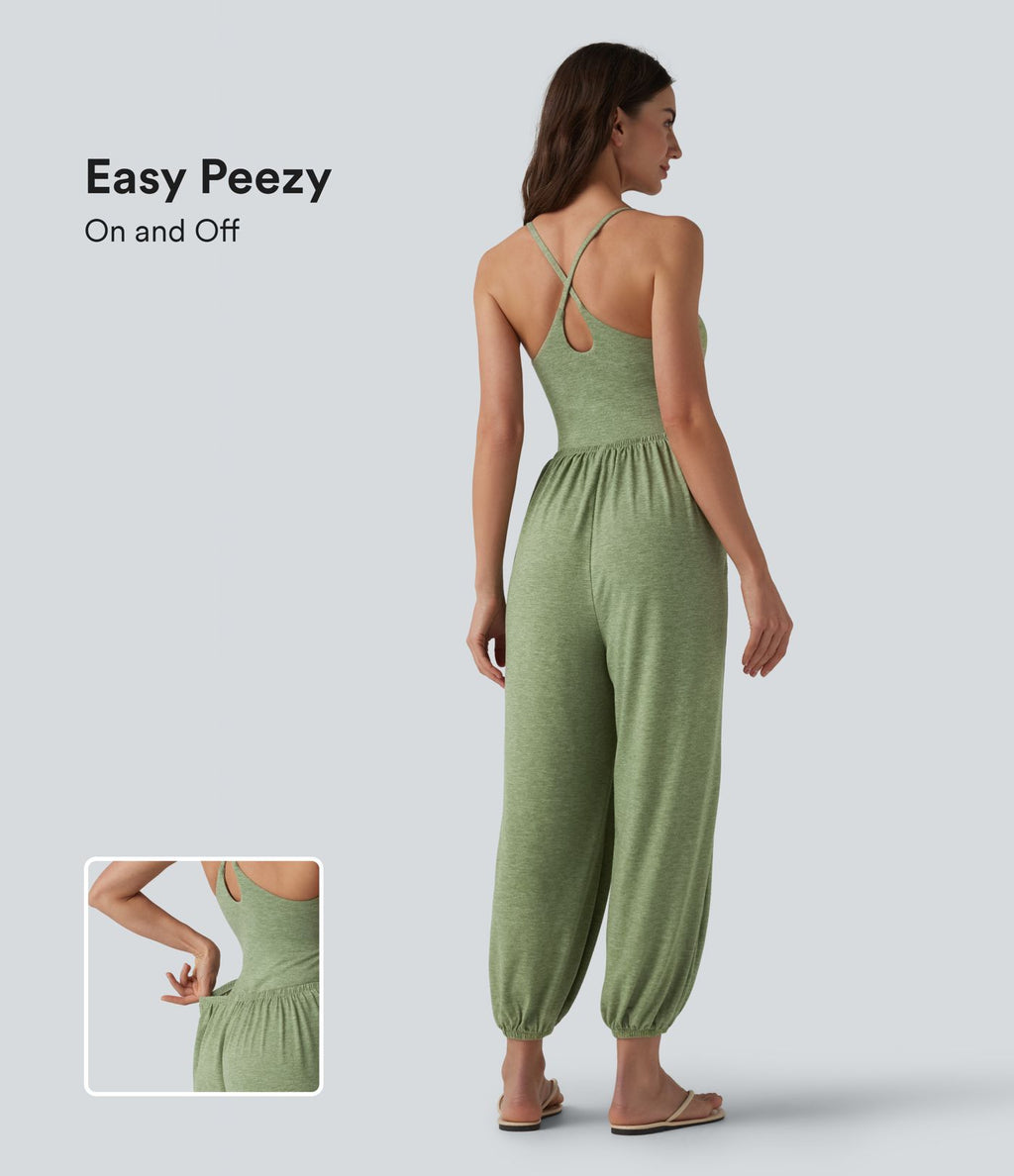 Combinaison décontractée chinée sans manches à dos croisé et soutien-gorge intégré, avec poches - Easy Peasy