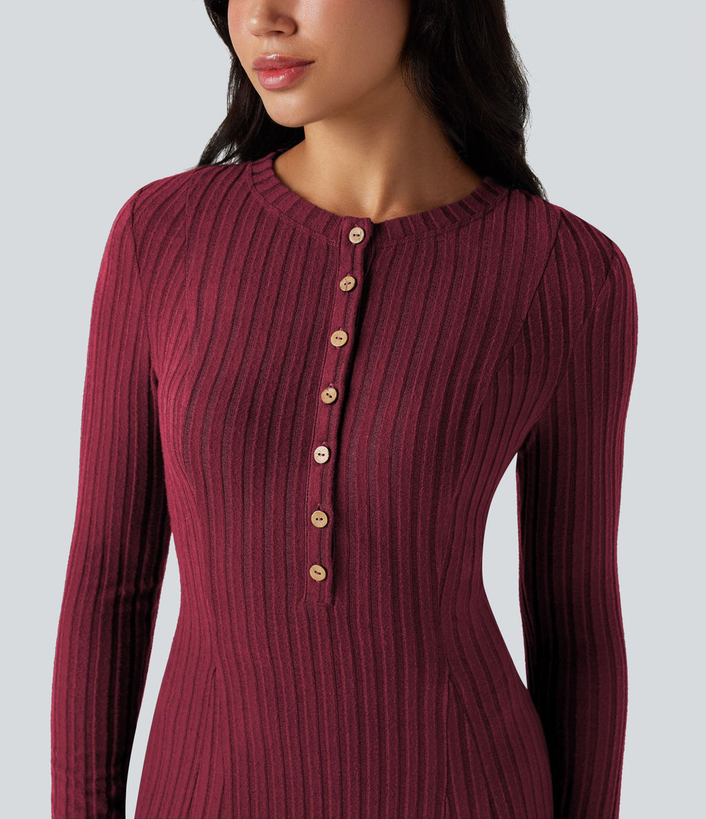 Robe longue fluide maille côtelée col henley manches longues