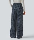 Pantalon léopard velours côtelé imprimé coupe droite mop taille haute avec poches