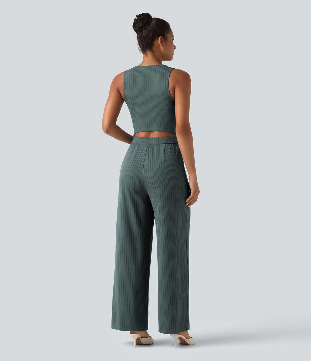Combinaison tailleur rayée à jambes larges, décolleté en V, découpe et poches