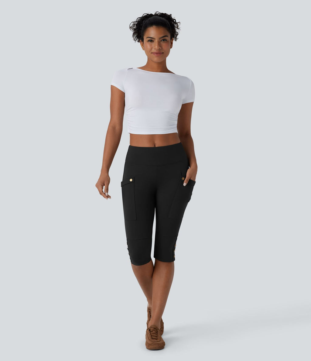 Pantalon pedal pusher ajusté gainant taille haute avec poches décoratives DayStretch