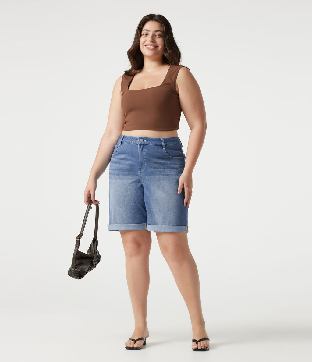 Short bermuda casual denim grande taille Halara Flex™ tricot extensible délavé taille haute multiples poches ourlet roulotté