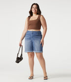 Short bermuda casual denim grande taille Halara Flex™ tricot extensible délavé taille haute multiples poches ourlet roulotté