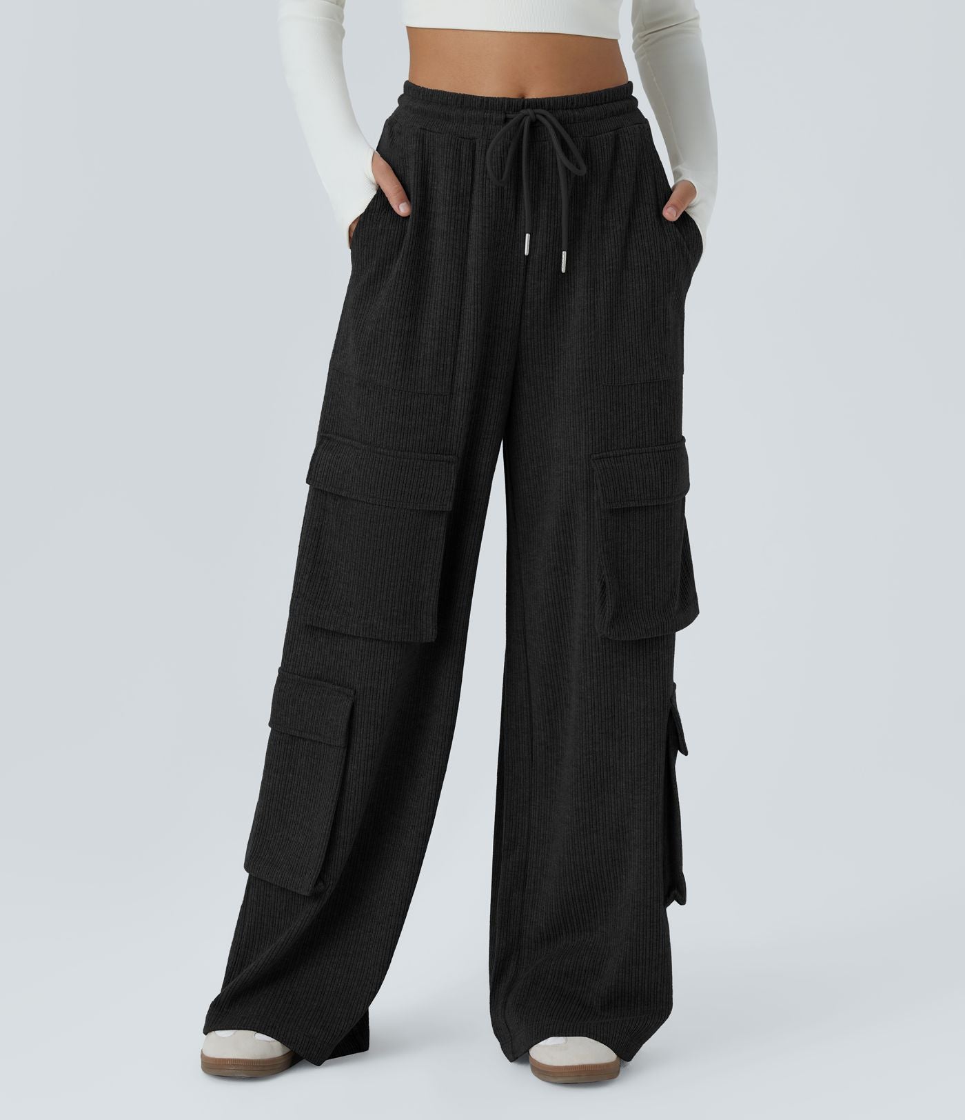 Pantalon cargo décontracté large à cordon côtelé, taille mi-haute, avec poches