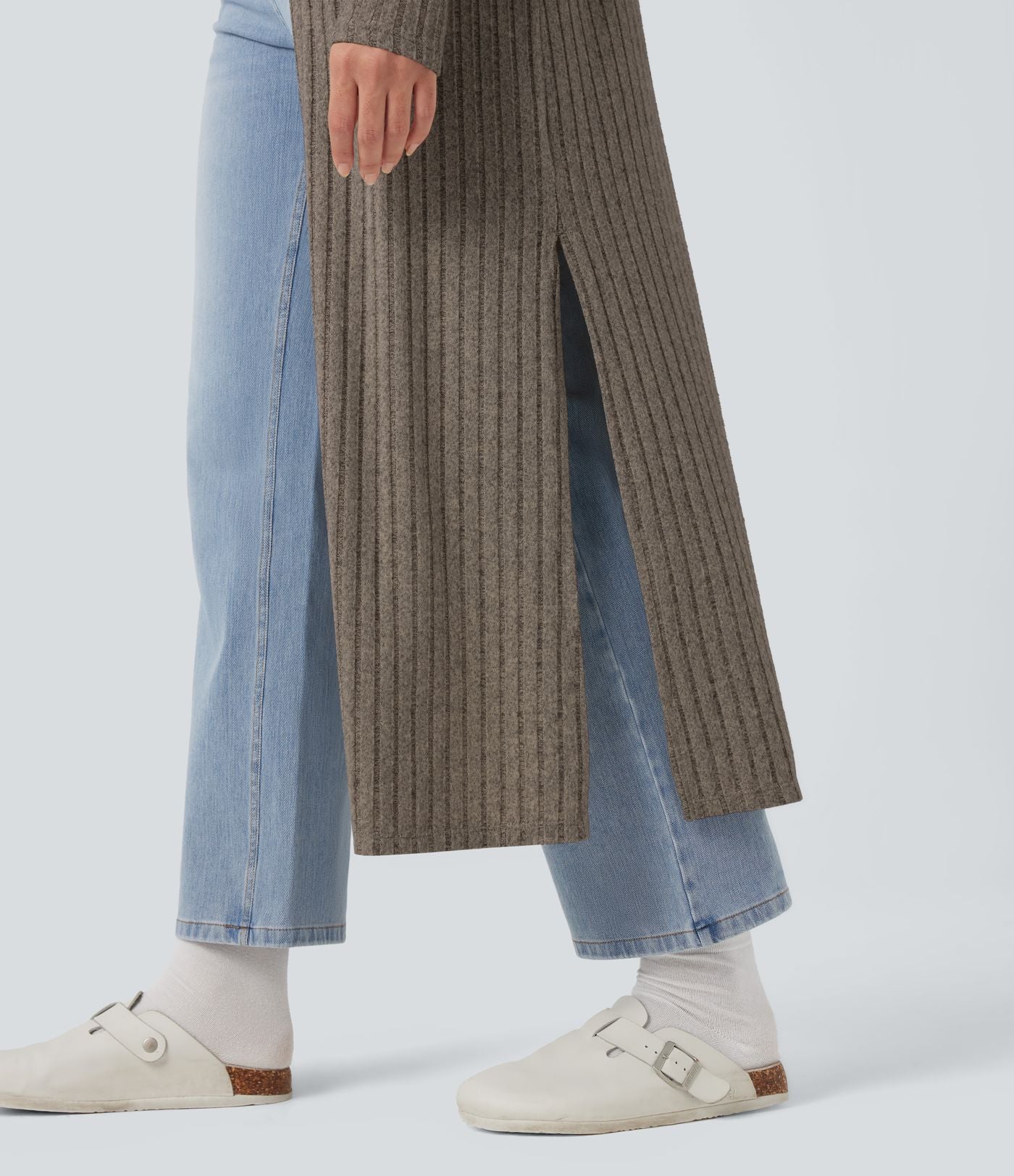 Manteau long décontracté maille côtelée manches longues avec fente