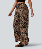 Pantalon large casual en maille gaufrée imprimé léopard taille mi-haute avec cordon de serrage et poches