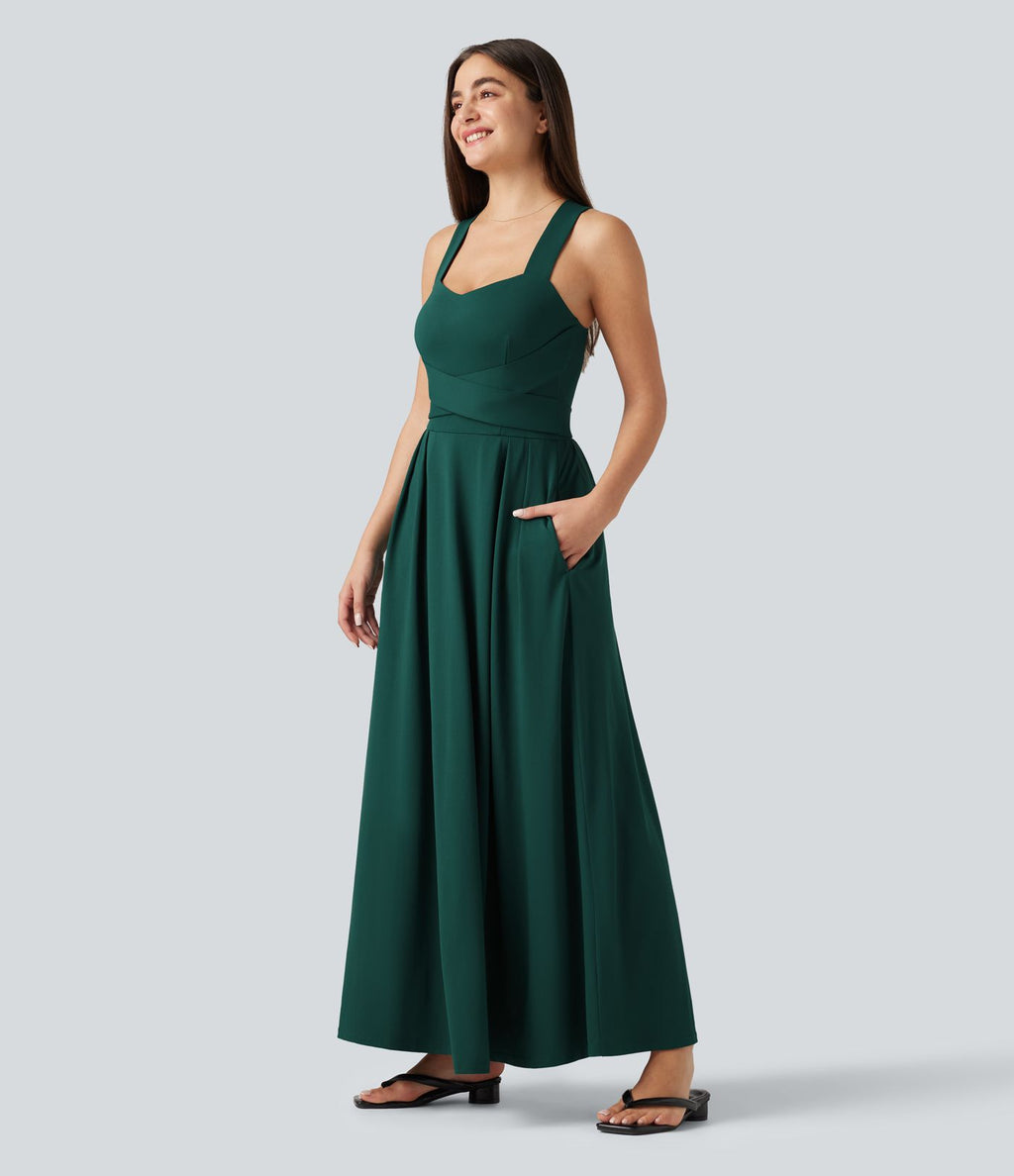 Robe longue fluide décontractée sans manches décolleté en cœur bretelles croisées avec lien dans le dos et poches