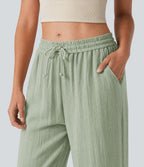 Pantalon baggy large casual effet lin taille basse avec cordon et poches