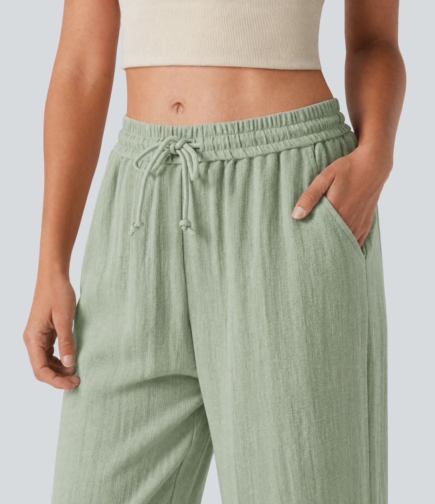 Pantalon baggy large casual effet lin taille basse avec cordon et poches