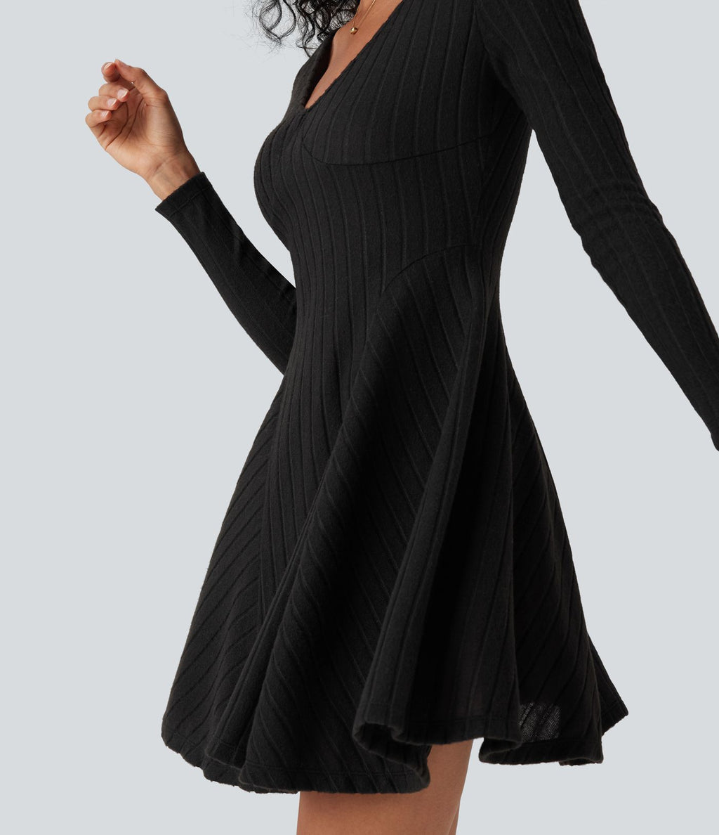 Robe décontractée mini évasée maille côtelée col V manches longues