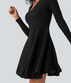Robe décontractée mini évasée maille côtelée col V manches longues