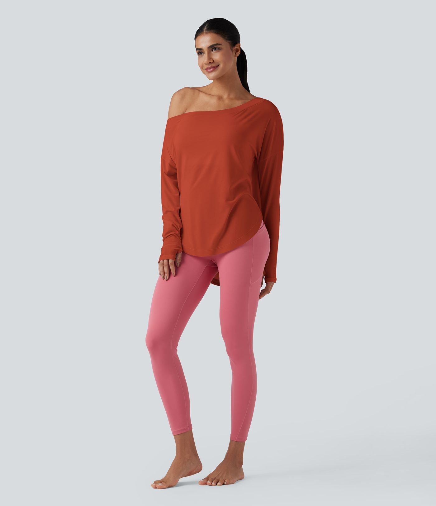 Top de sport yoga une épaule séchage rapide ourlet arrondi asymétrique manches longues avec trous pouces - Brassière intégrée