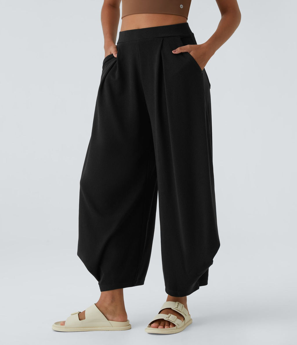 Pantalon décontracté harem uni côtelé, taille haute, avec poches