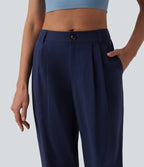 Pantalon casual fuselé 7/8 taille mi-haute plissé en popeline extensible à ourlet retroussé avec poches