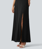 Robe maxi fluide col carré manches courtes soutien-gorge intégré dos noué