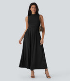 Robe longue décontractée sans manches à col montant, coupe évasée et poches latérales