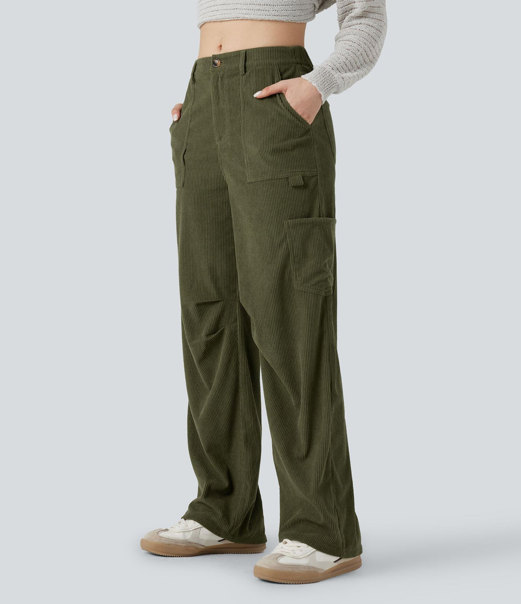Pantalon décontracté droit en velours côtelé, taille haute, avec poches