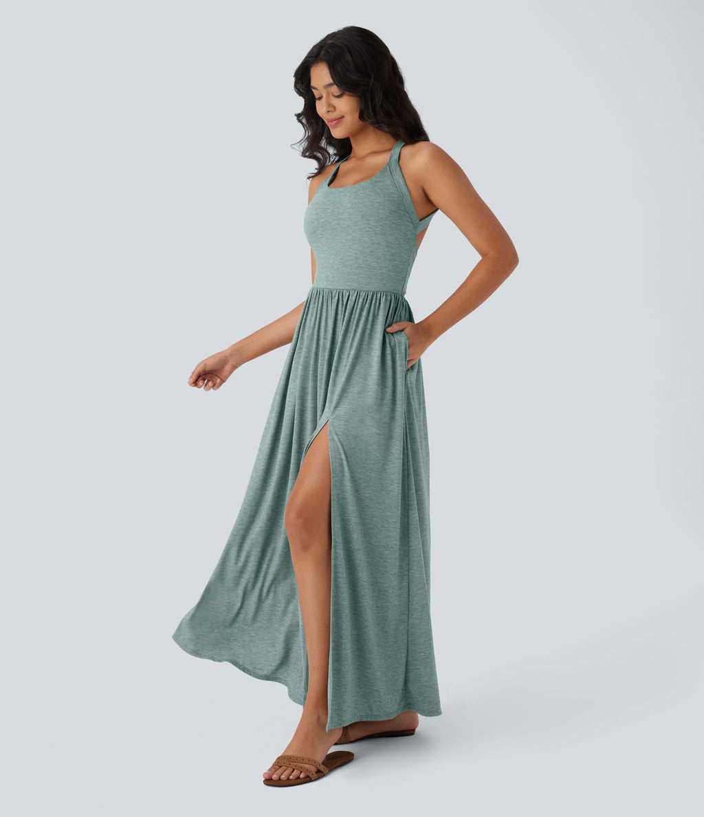 Robe longue fluide fendue avec poches latérales, dos nu et effet torsadé