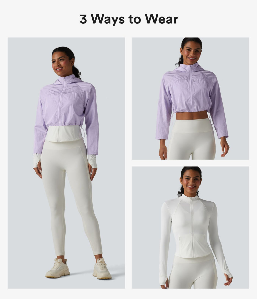 Veste de running 3-en-1 déperlante à capuche avec trous pour les pouces, ourlet arrondi et poches