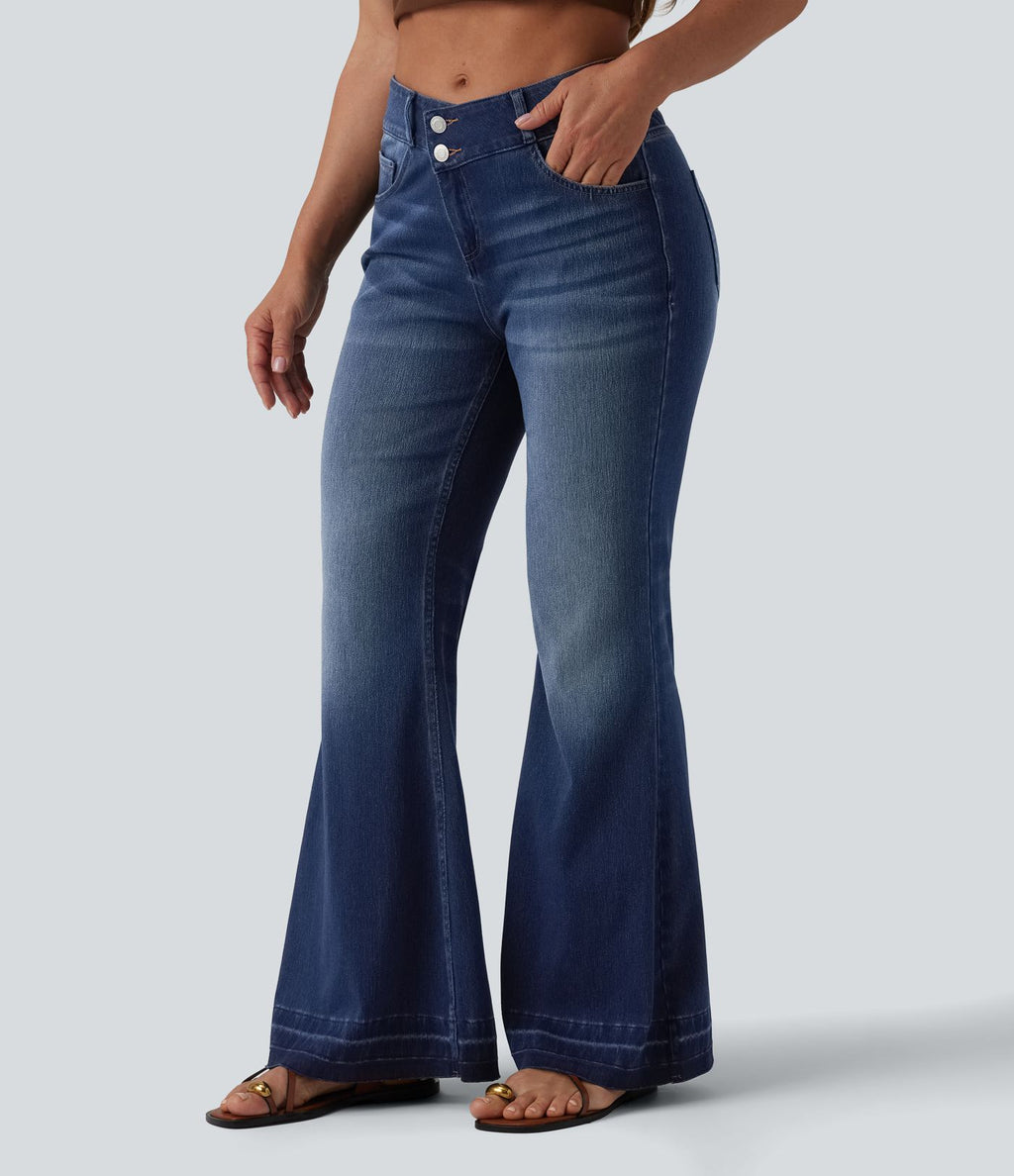 Halara Flex™ Jean évasé casual asymétrique taille mi-haute avec poches