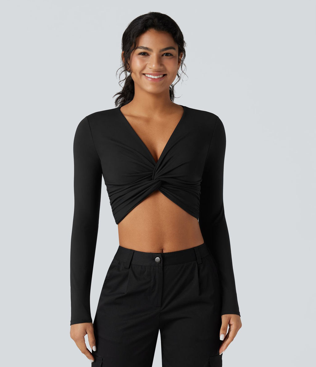 Top de sport yoga SoftlyZero™ Plush court col V profond torsadé manches longues
