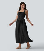 Robe midi fluide casual col carré à corset et nœud devant avec poches