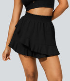 Short Évasés Casual à Taille Haute avec Volants Frisés et Effet Lin