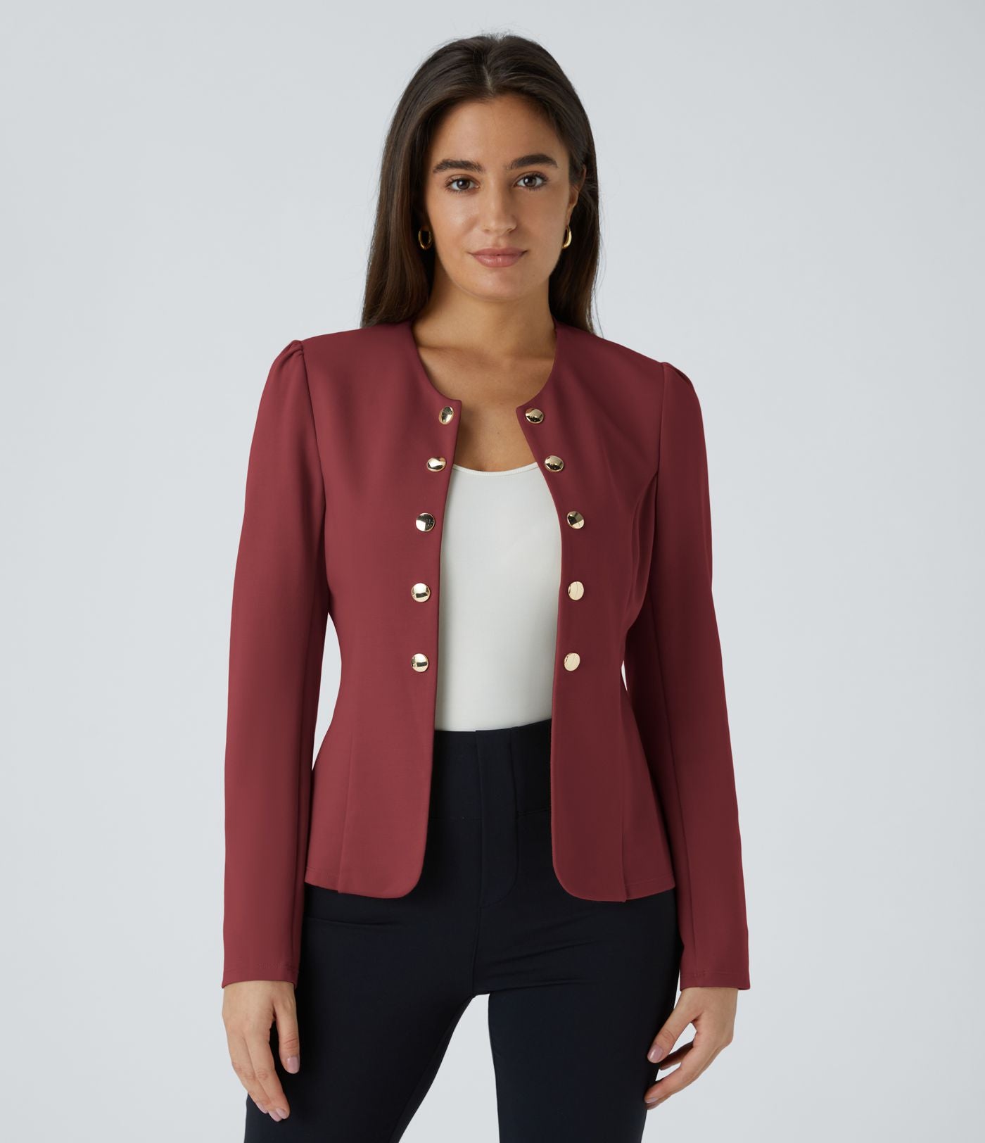 Blazer tailleur ajusté à col rond, manches longues avec boutons décoratifs