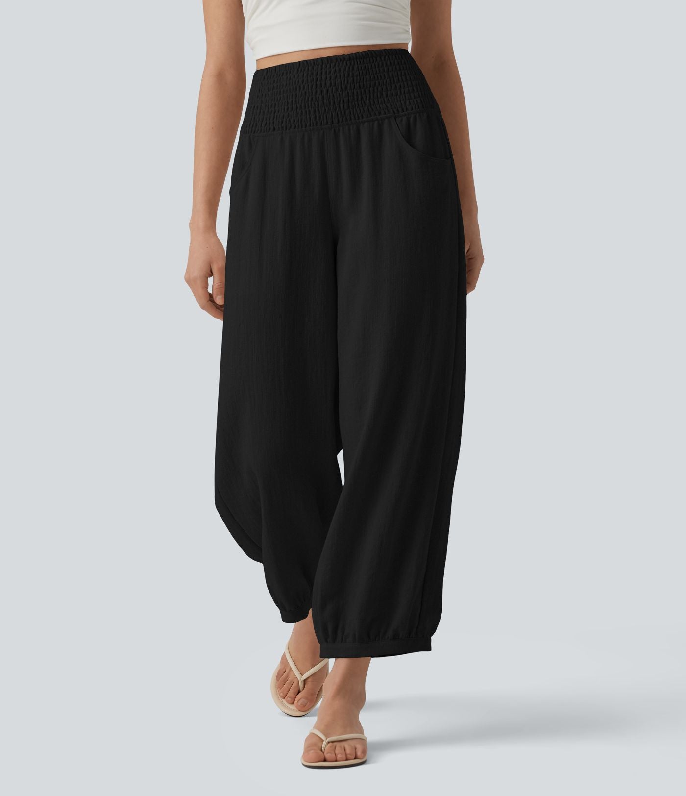 Pantalon casual bouffant aspect lin avec fronces taille haute et poches