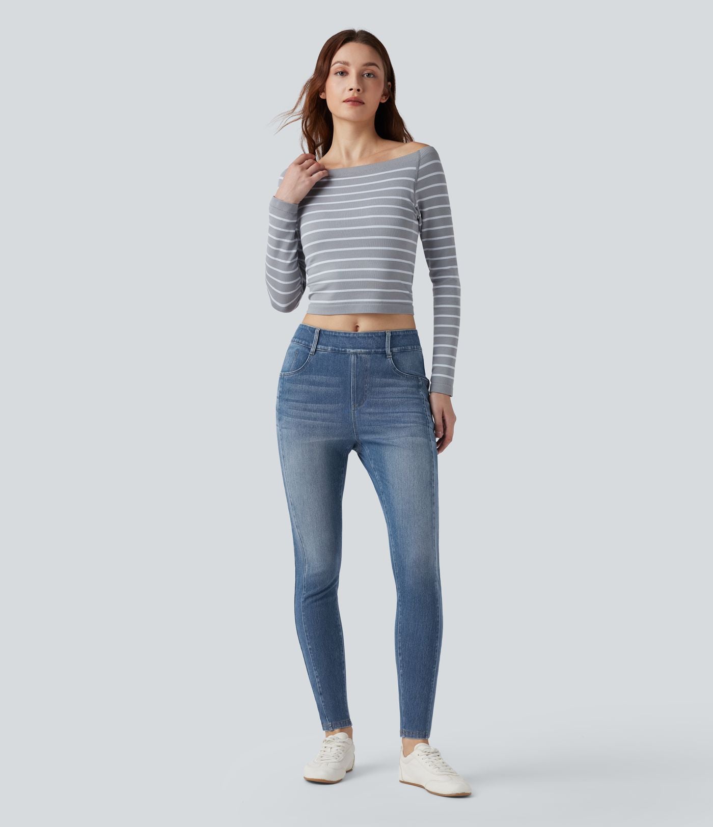 Jean skinny 7/8 décontracté taille mi-haute délavé Halara Flex™ avec poches