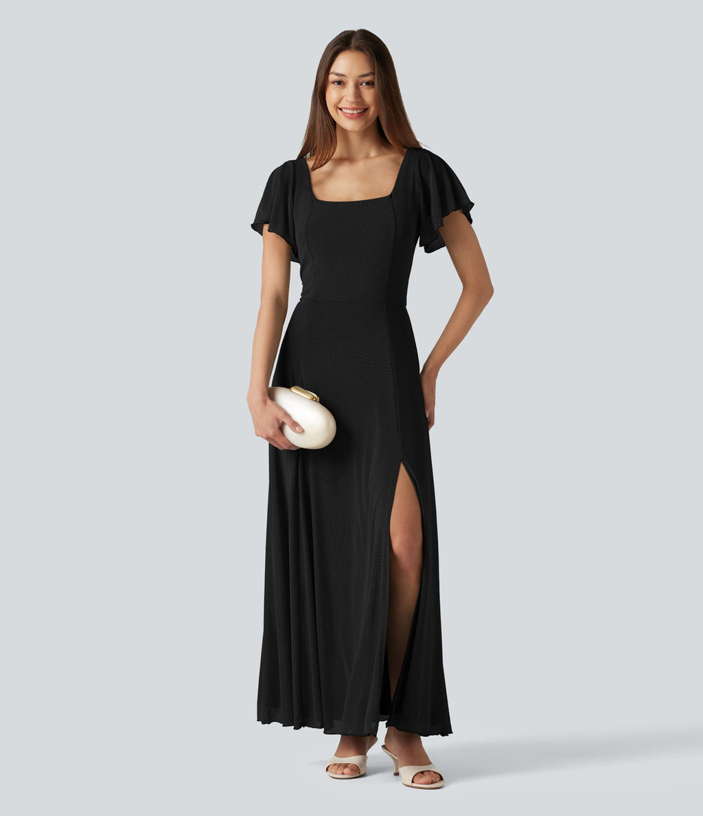 Robe maxi fluide col carré manches courtes soutien-gorge intégré dos noué