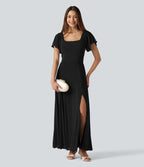 Robe maxi fluide col carré manches courtes soutien-gorge intégré dos noué