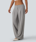 Pantalon décontracté taille basse à jambes larges en tissu gaufré avec poches latérales