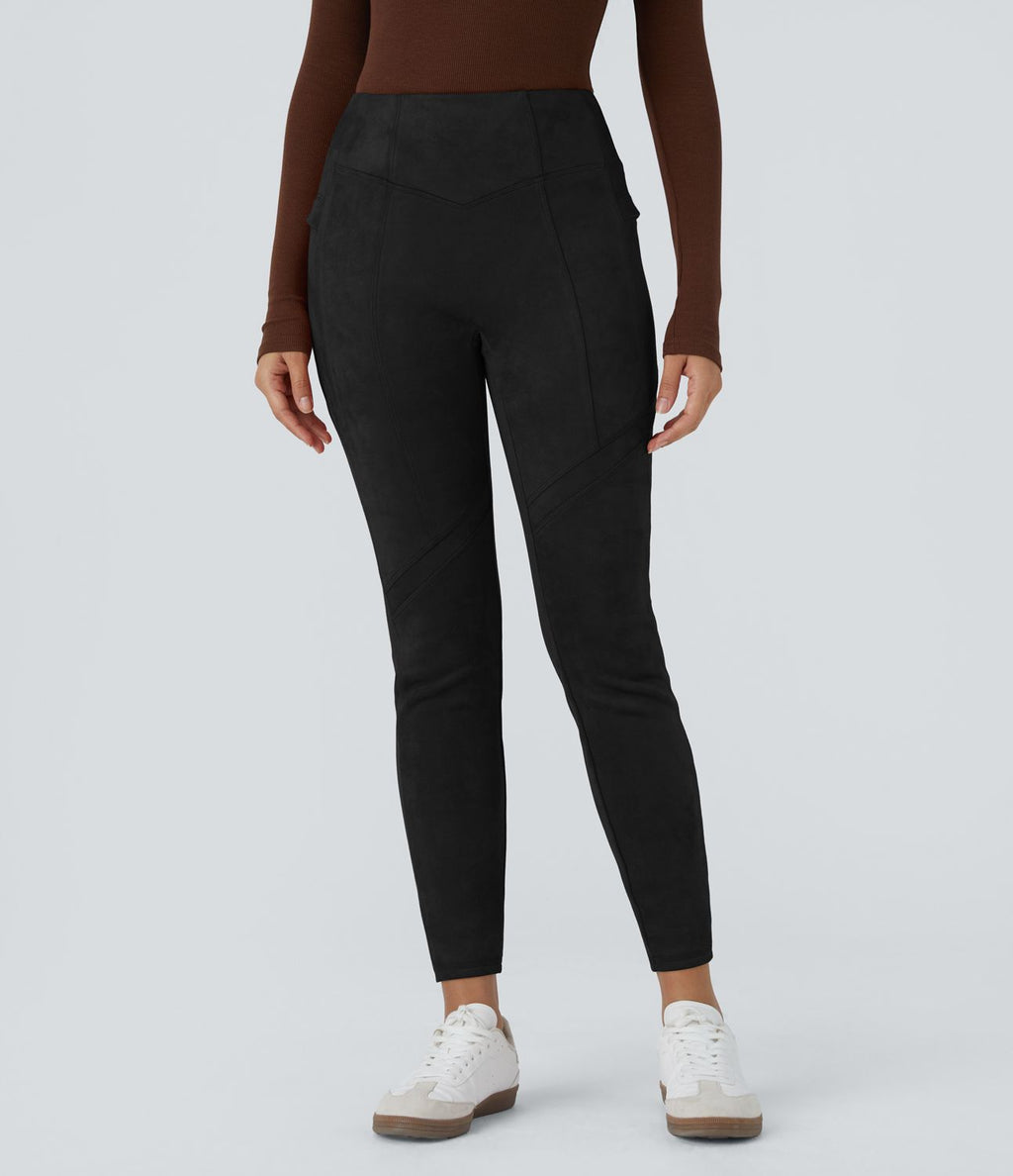 Legging casual en suédine longueur cheville avec poches latérales et taille haute