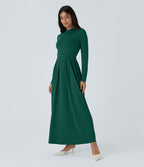 Robe longue décontractée à col montant, manches longues, plissée, avec poches latérales et coupe évasée