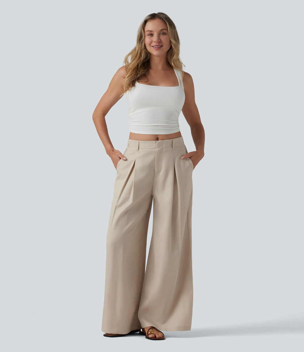 Pantalon ample décontracté en lyocell et lin mélangé, taille mi-haute, plissé, avec poches