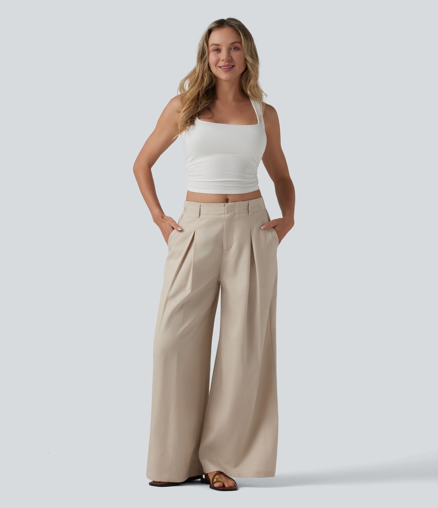 Pantalon ample décontracté en lyocell et lin mélangé, taille mi-haute, plissé, avec poches