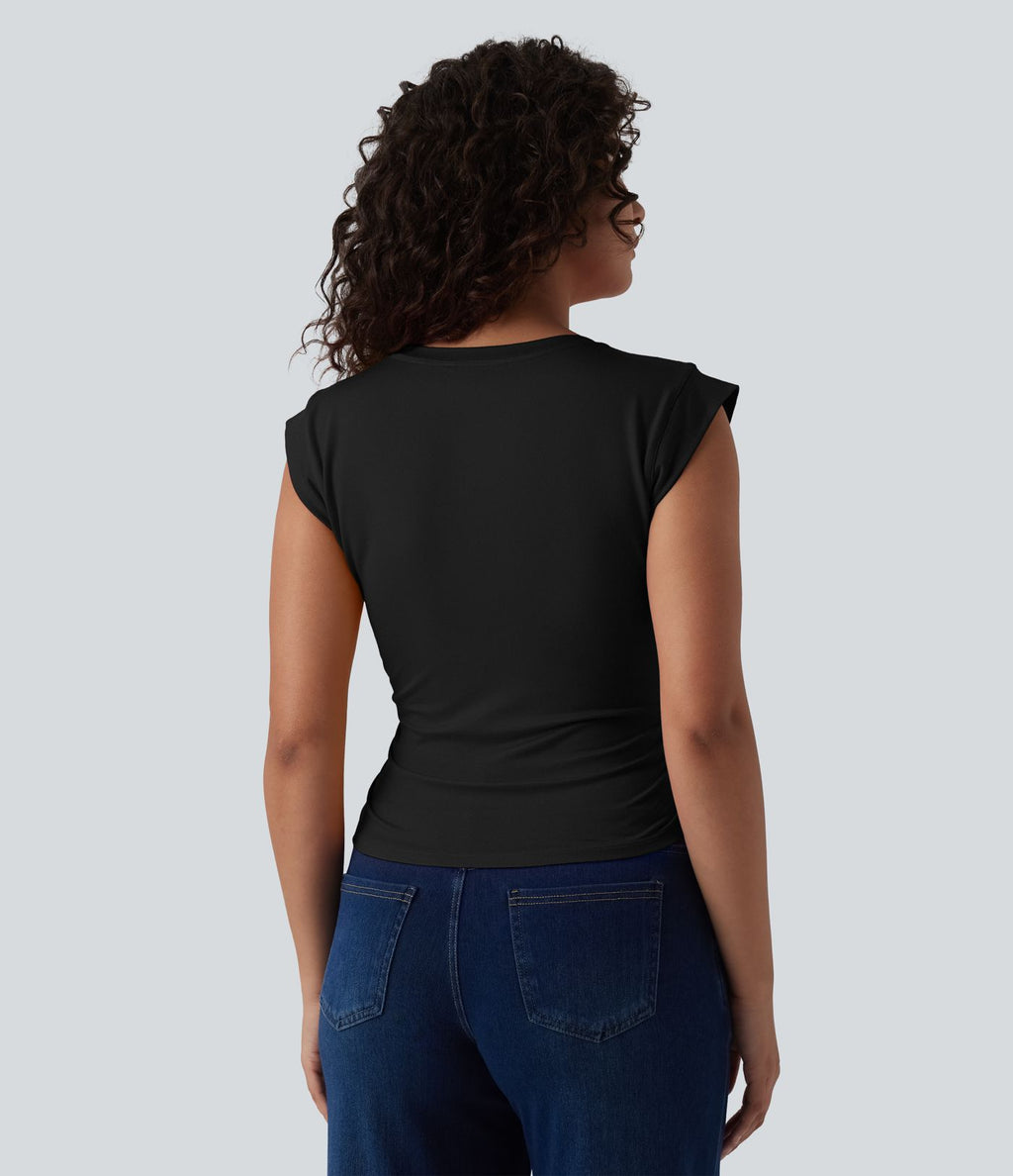 T-shirt décontracté col V manches courtes ourlet arrondi froncé