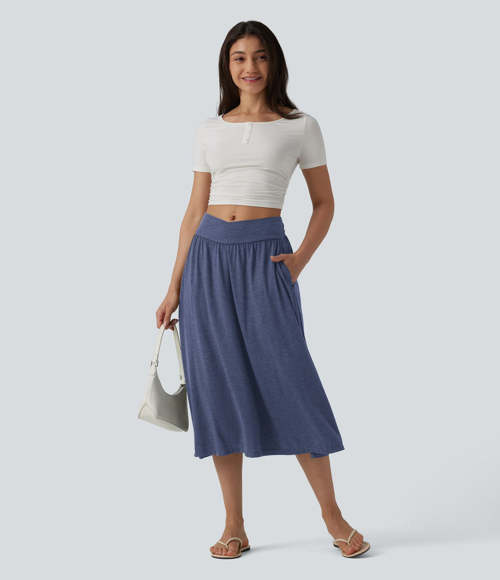Jupe midi casual fluide croisée taille haute avec poches